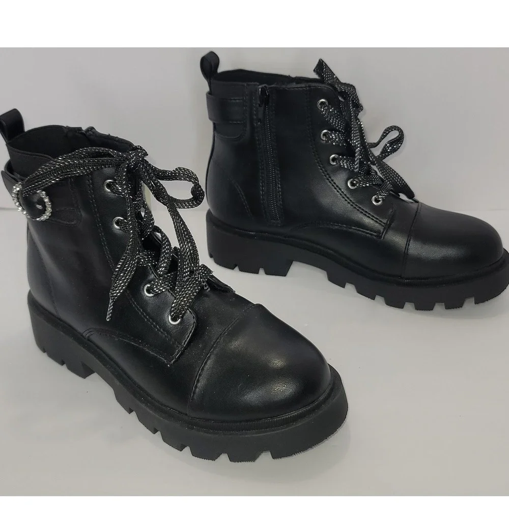 Joie Black Kids Metallic Laces Combat Boots Rhinestone Buckle & Side Zip Sz3 Y2K